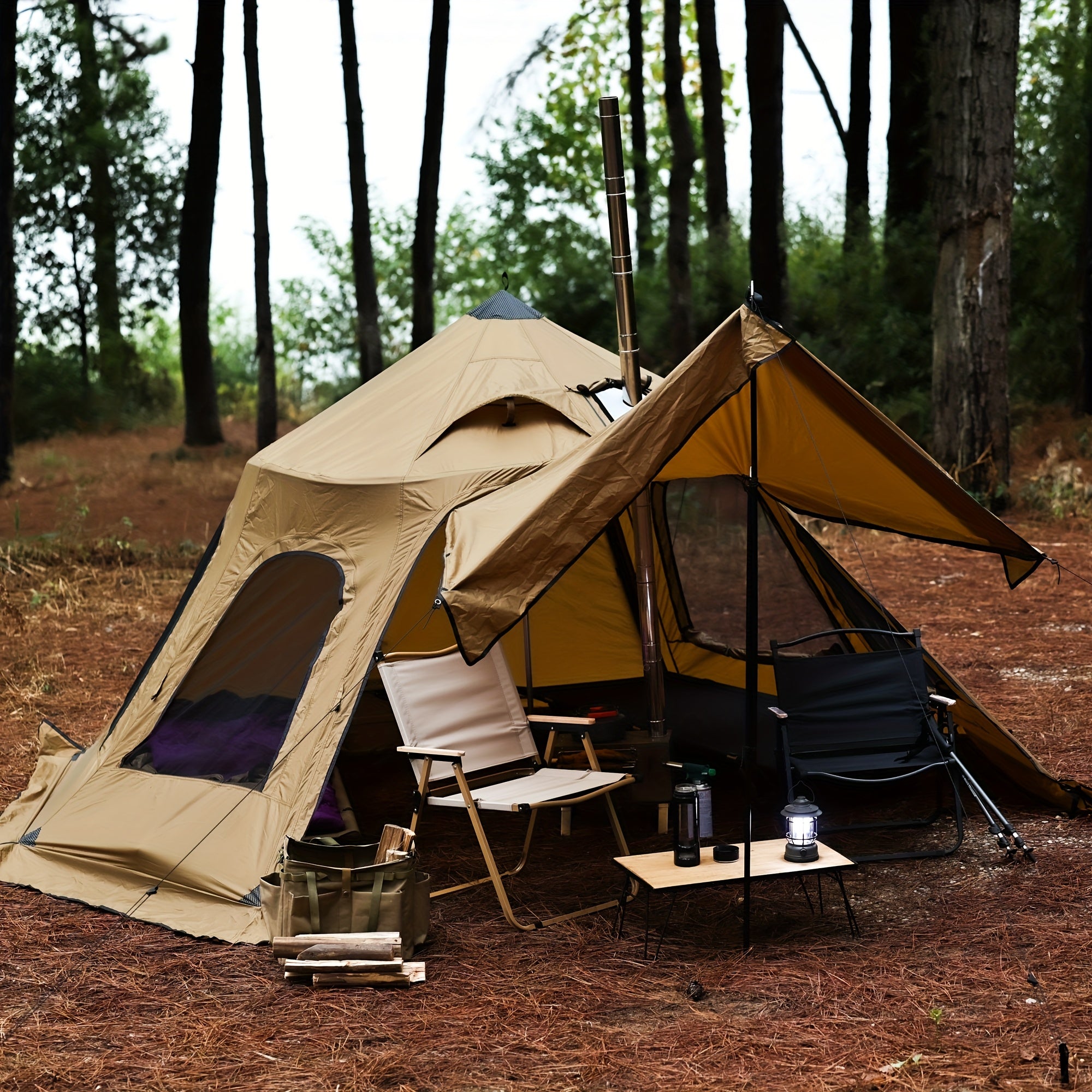 2-Person Dandelion Shell Bell-Shaped 4-Season Hot Tent | Waterproof, Windproof & Lightweight for Camping, Hiking & Outdoor Adventures | Beige, Polyester Blend, Easy Setup with Zipper Closure, Camping Accessories