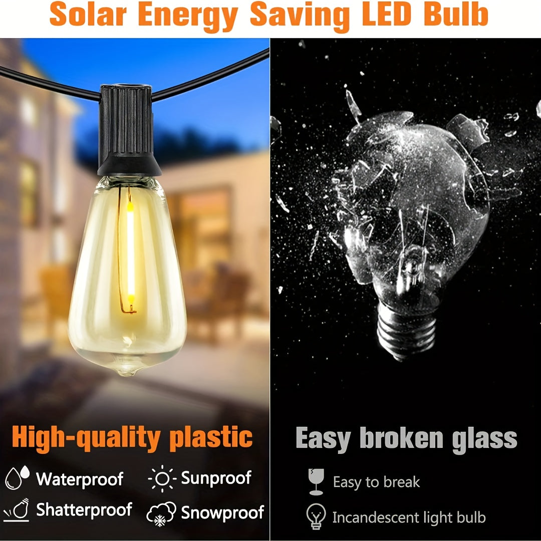 50\u002F 100 Ft Solar Outdoor String Light, Usb-Rechargeable Patio Rope Light, 2700K Warm White, Weather Resistant Material, 12+1\u002F 24+1 Breakproof ST38 E12 Bulb for Patio, Backyard, Porch, Outdoor Pool