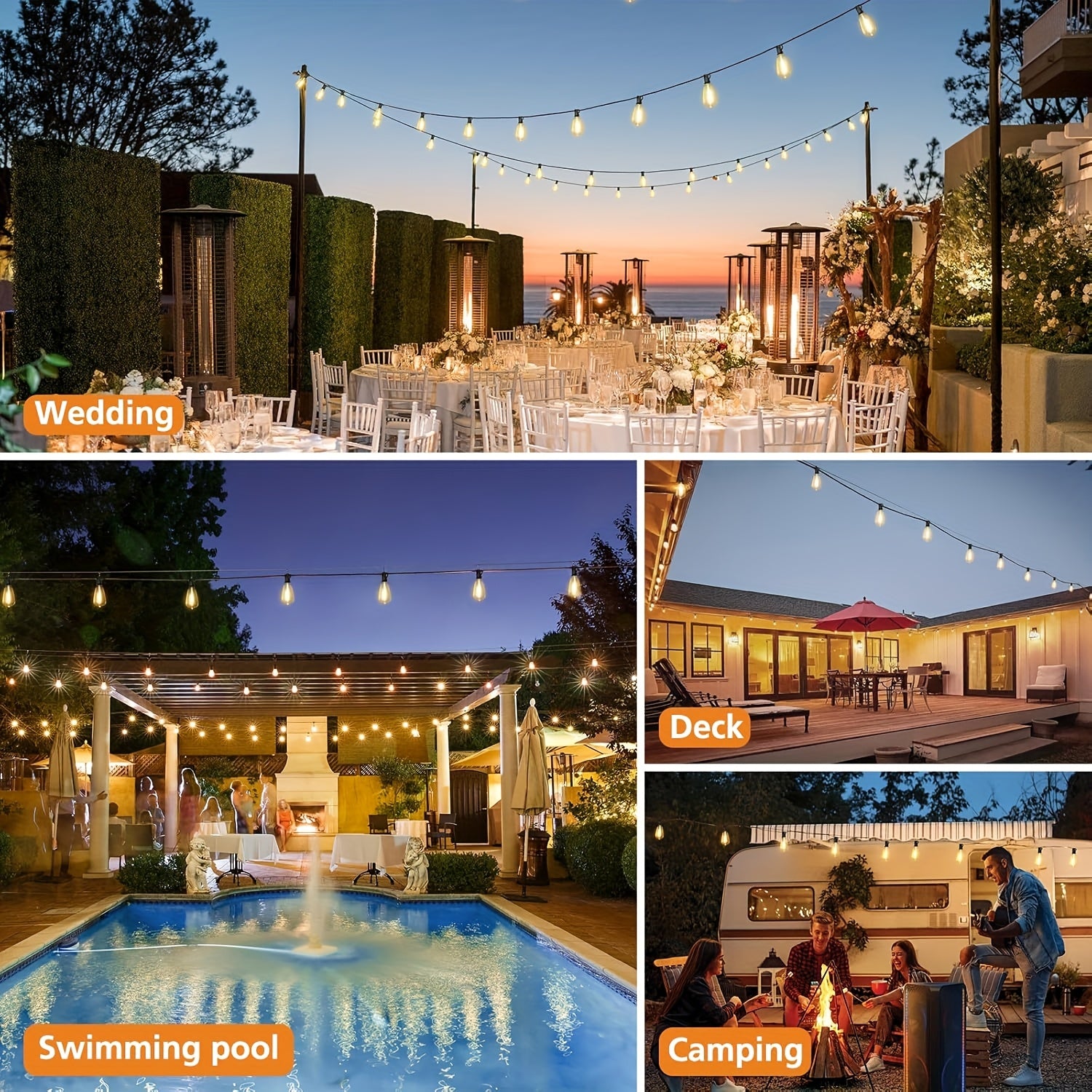 60FT 120FT 200FT LED Outdoor String Lights, Patio Lights With 52 Shatterproof ST38 Edison Bulbs, 2700k Dimmable Connectable Lights String, Outside Hanging String With Hooks For Party Xmas Bistro, Halloween, Christmas Decoration