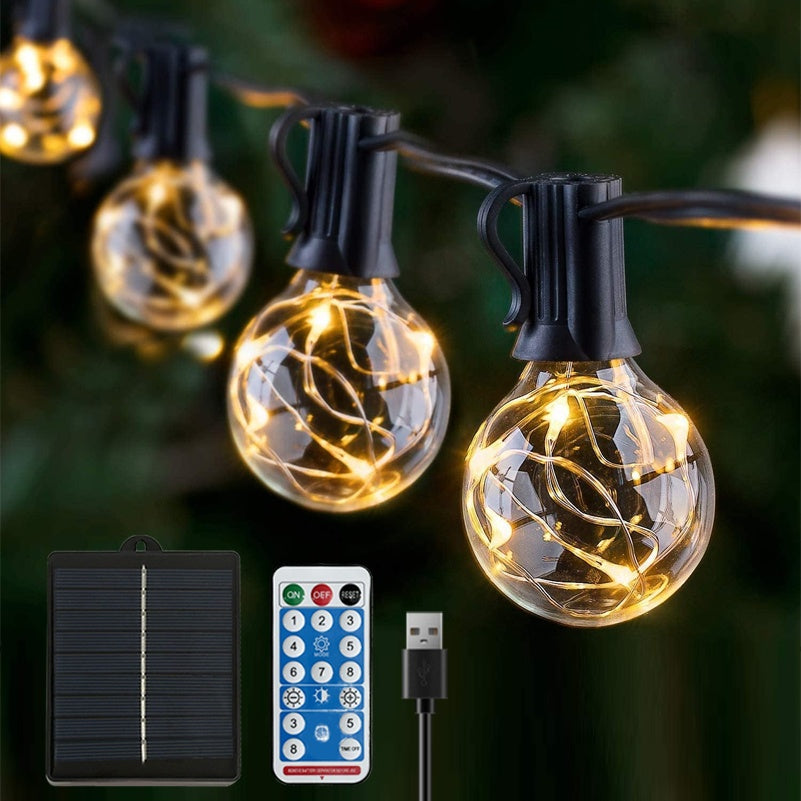 36ft G40 Solar Light String with Remote Control, 8 Lighting Modes, Dimmable, Break-Resistant, IP44 Desktop LED Bulbs, Suitable for Outdoor, Party, Wedding Lighting, Father'S Day Gift