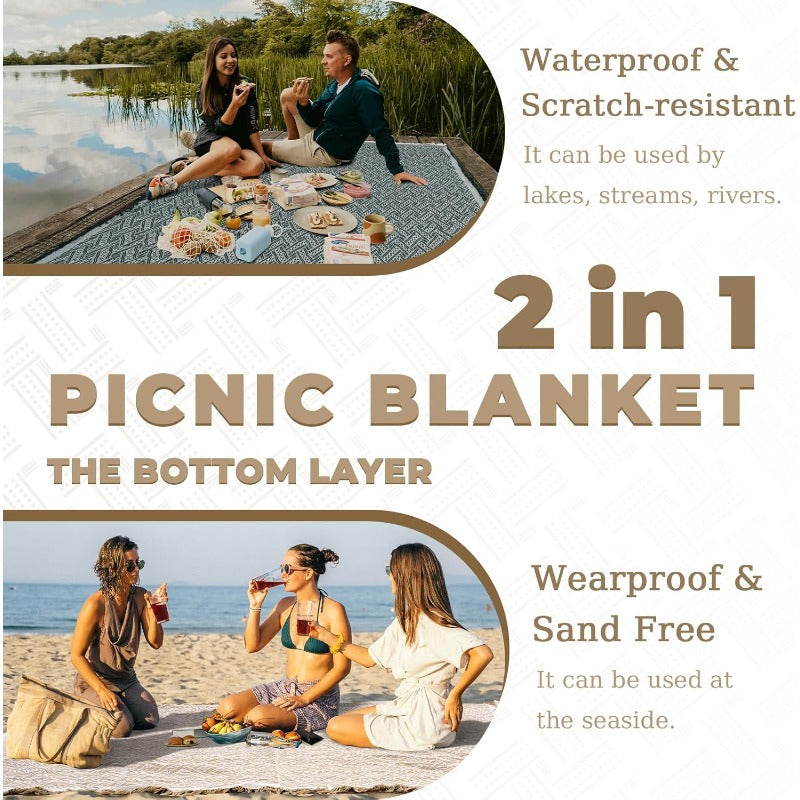 2 in 1 Extra Large Outdoor Picnic Blanket Waterproof Woven Boho Mat Giant Beach Towel Travel Essential Yoga Accessories Park Patio Lawn Garden Grass Ground Music Festival Concert Must Have