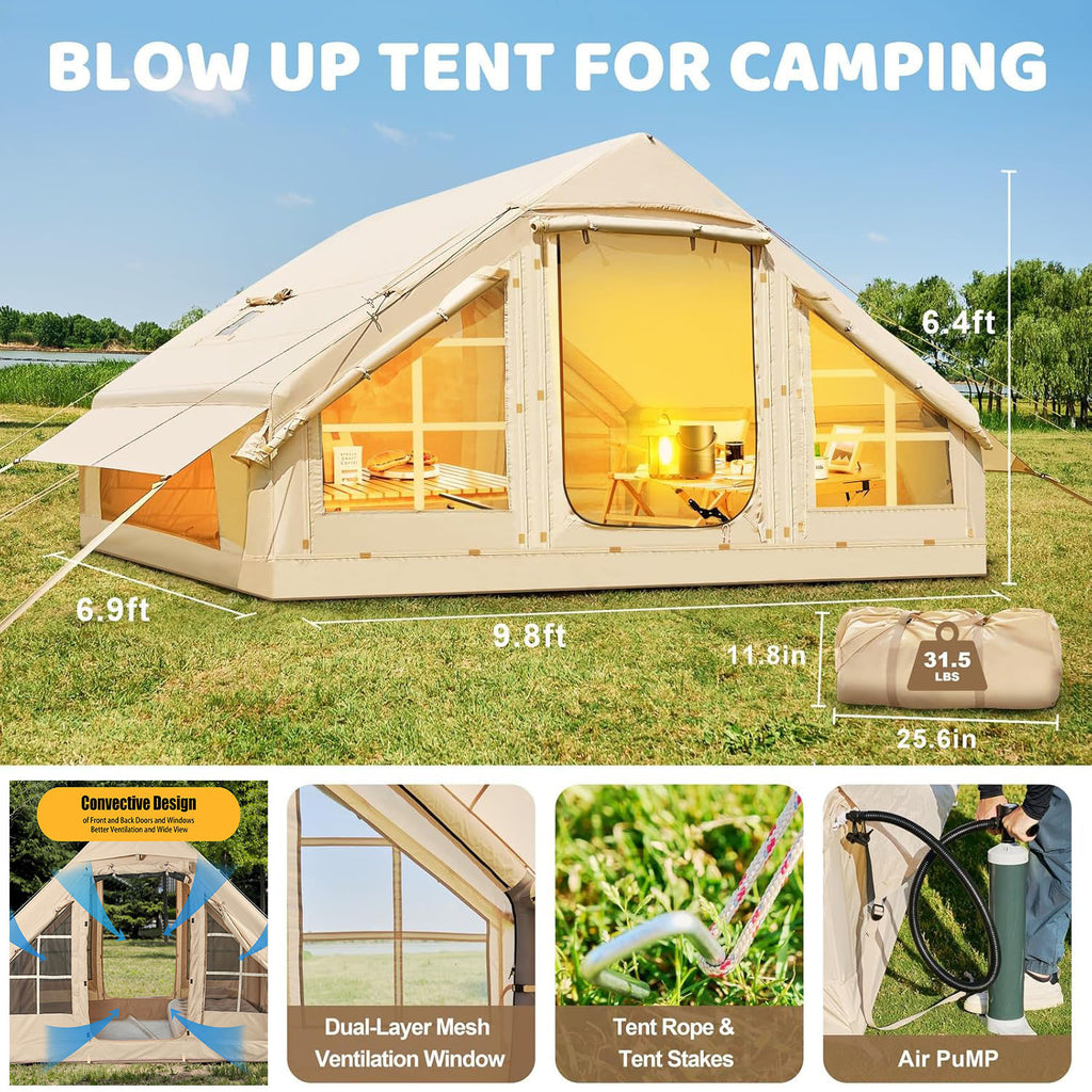 House To Live In .Inflatable Camping Tents With Hand Pump, Air Glamping Tents, Easy Setup WaterprootAnd Windproof Blow Up Tent, 4 Seasons Oxford Cabin Tent With Mesh & ChimneyWindow.