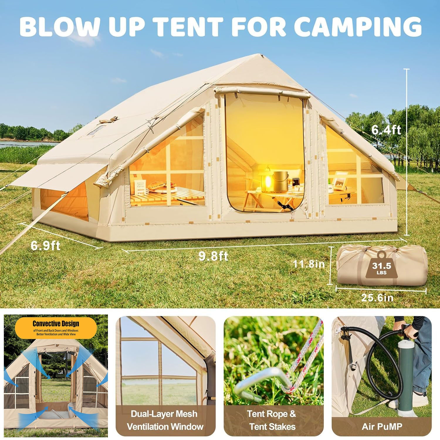 House To Live In .Inflatable Camping Tents With Hand Pump, Air Glamping Tents, Easy Setup WaterprootAnd Windproof Blow Up Tent, 4 Seasons Oxford Cabin Tent With Mesh & ChimneyWindow.