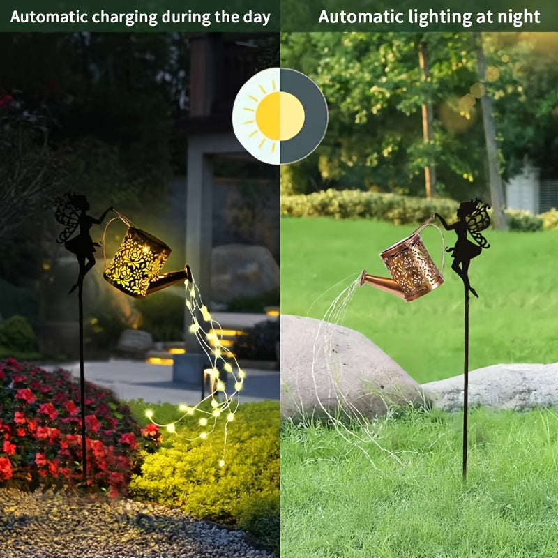 2\u002F 1pc Solar Fairy Waterfall Light - Metal Kettle Garden Decor with LED Streaming, Perfect for Yard, Lawn And Outdoor Solar Pile Lights, IP65 Waterproof, Yard Access Lawn Decor Lighting