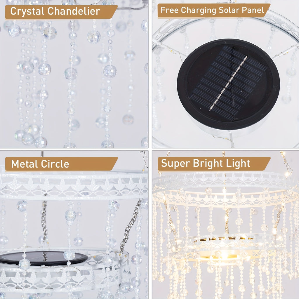 Solar Hanging Crystal Chandelier Outdoor Garden Decorative Lights Powerful Lithium Battery 54 Warm White LEDs Waterproof Hanging Lantern For Garden, Yard, Patio, Gazebo, Party, Wedding