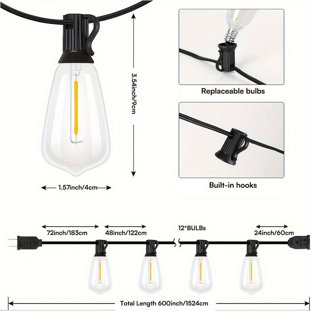 100ft LED Outdoor String Lights, 0.6W\u002F Bulb, 2700K Patio Lighting with ST38 Edison Bulbs, Connectable Hanging Lights for Yard & Porch