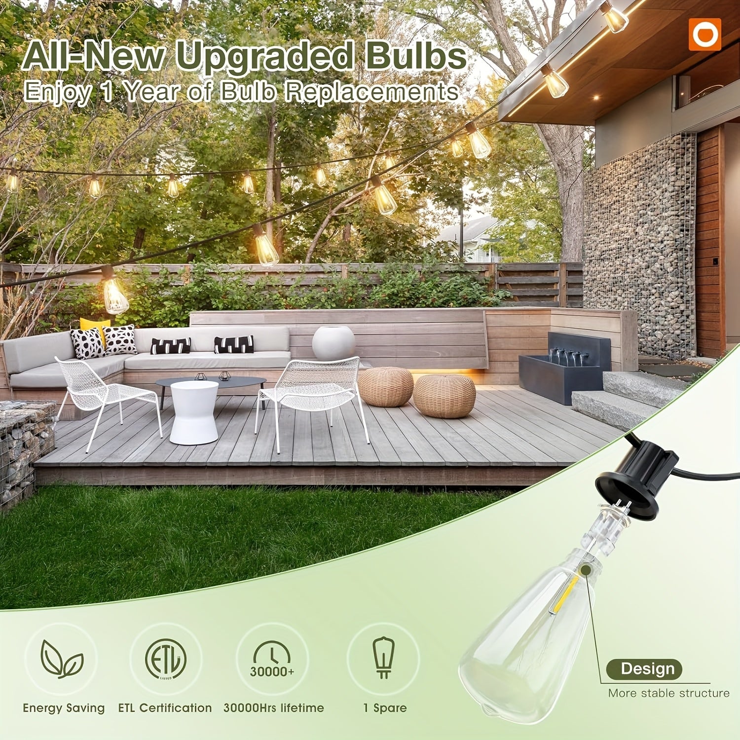 100ft LED Outdoor String Lights, 0.6W\u002F Bulb, 2700K Patio Lighting with ST38 Edison Bulbs, Connectable Hanging Lights for Yard & Porch