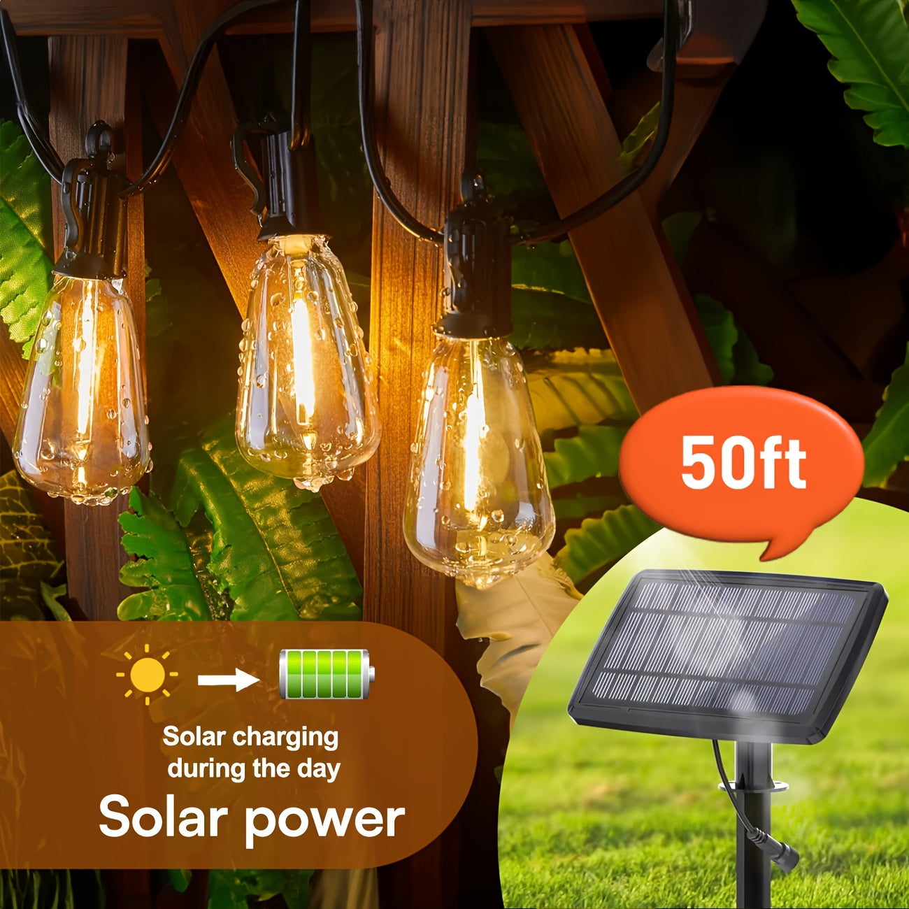 50\u002F 100 Ft Solar Outdoor String Light, Usb-Rechargeable Patio Rope Light, 2700K Warm White, Weather Resistant Material, 12+1\u002F 24+1 Breakproof ST38 E12 Bulb for Patio, Backyard, Porch, Outdoor Pool