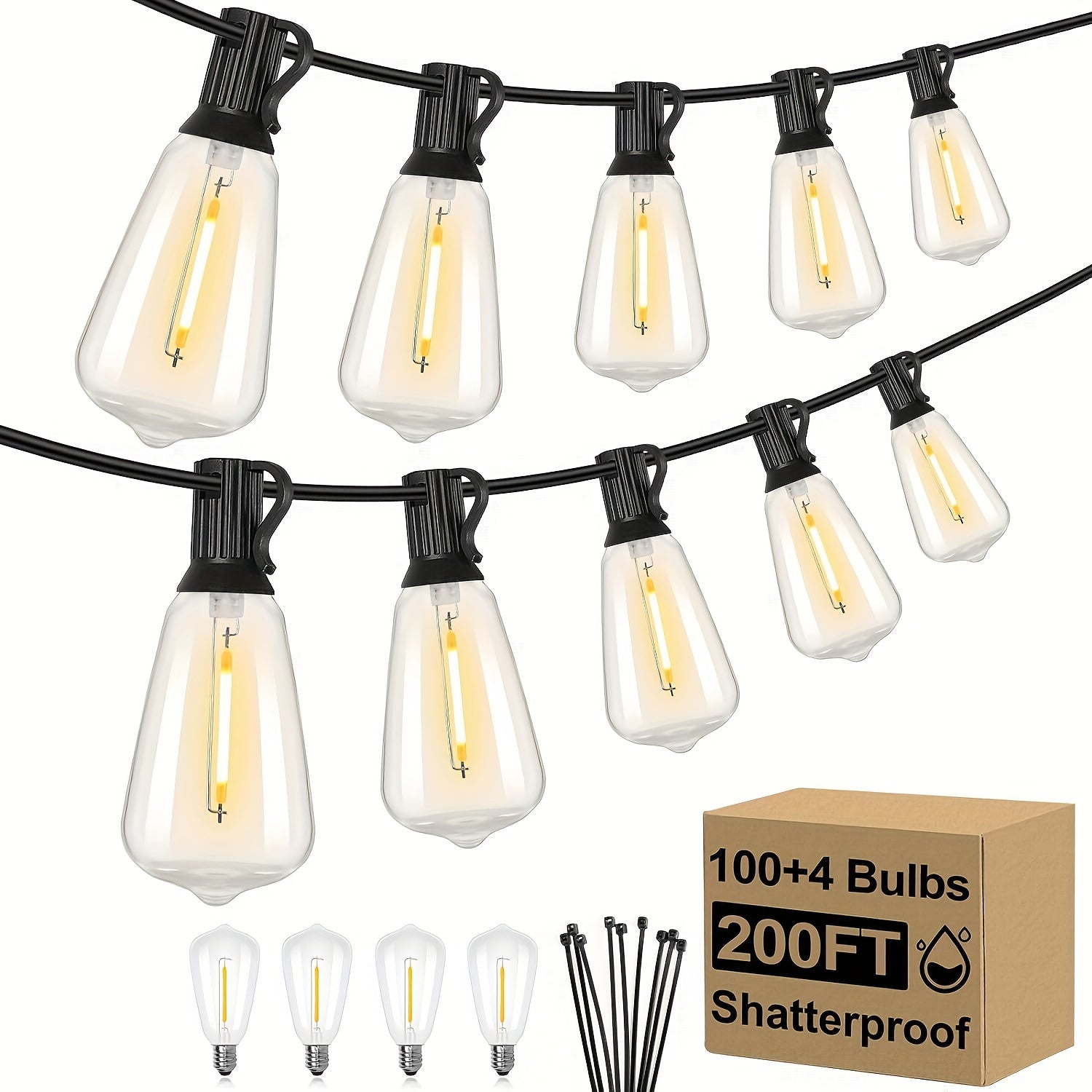 60FT 120FT 200FT LED Outdoor String Lights, Patio Lights With 52 Shatterproof ST38 Edison Bulbs, 2700k Dimmable Connectable Lights String, Outside Hanging String With Hooks For Party Xmas Bistro, Halloween, Christmas Decoration