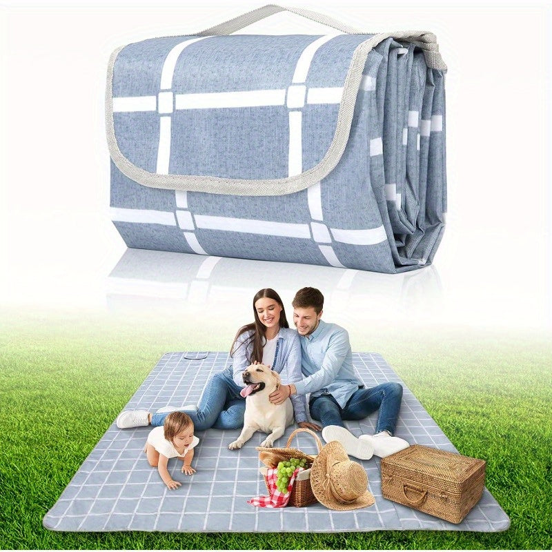 Large 80x80 Waterproof Foldable Picnic Blanket - Lightweight Portable Outdoor Beach Mat with Checkered Blue & White Design, Durable for Camping, Travel, Hiking, Family Picnics, Travel Mat, Checkered Pattern, Sturdy Construction