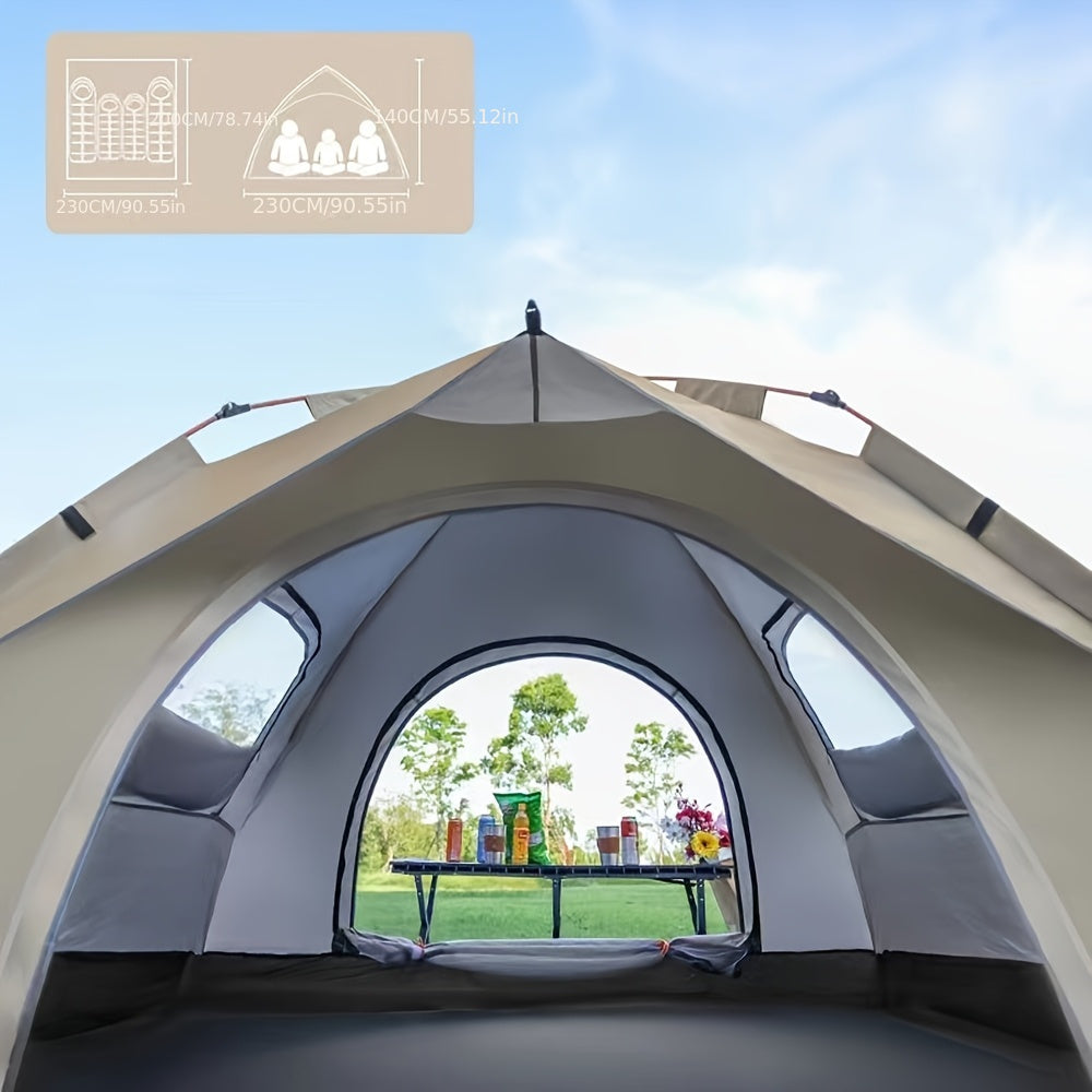 4-Person Automatic Pop-Up Tent, Light Brown, Square, Zipper Closure, Oxford Cloth, Glass Fiber Frame, Portable For Camping, Fishing, Hiking, Mountaineering, Hunting