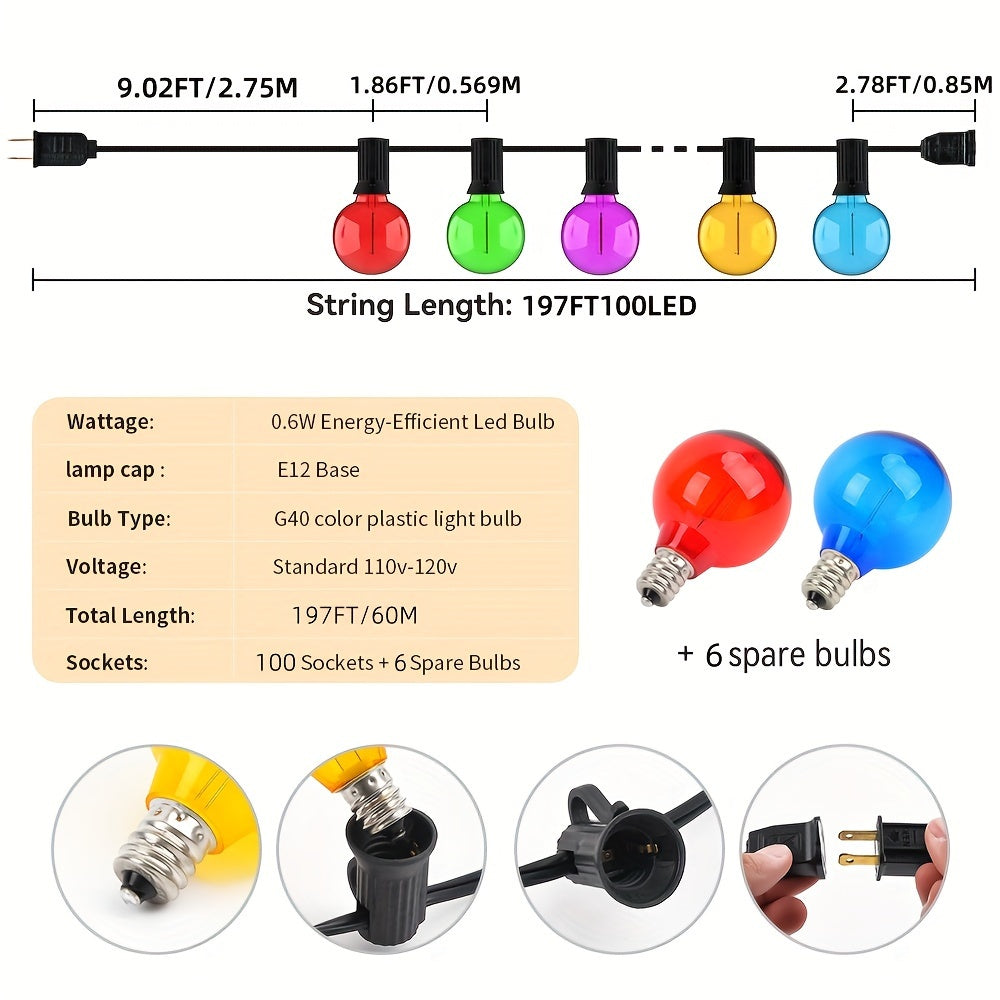 Christmas Lighting Outdoor 197ft 100LED Light Bulbs, Color Can Connect G40 String Lights, Outdoor Balcony Porch Camping Deck Tree House Drop Plug, Shatter-proof Multi-color Garden Lights Decorated String Lights For Holiday Parties