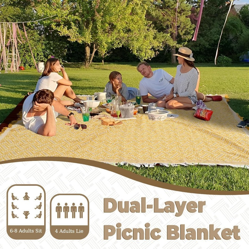2 in 1 Extra Large Outdoor Picnic Blanket Waterproof Woven Boho Mat Giant Beach Towel Travel Essential Yoga Accessories Park Patio Lawn Garden Grass Ground Music Festival Concert Must Have