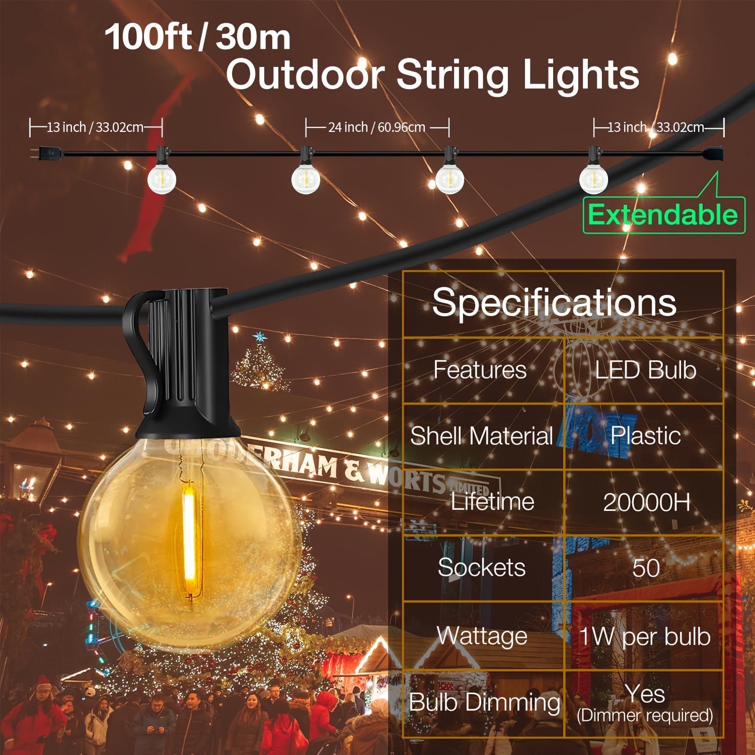 10\u002F25\u002F50\u002F100\u002F200FT 50 G40 Breakproof Bulbs, Outdoor, Retro Ball Hanging Light String, Patio Courtyard Garden Hotel Decorative Lighting, All-weather Use, Commercial Holiday New Year Decorative Lights, Dimmable Plastic Bulb