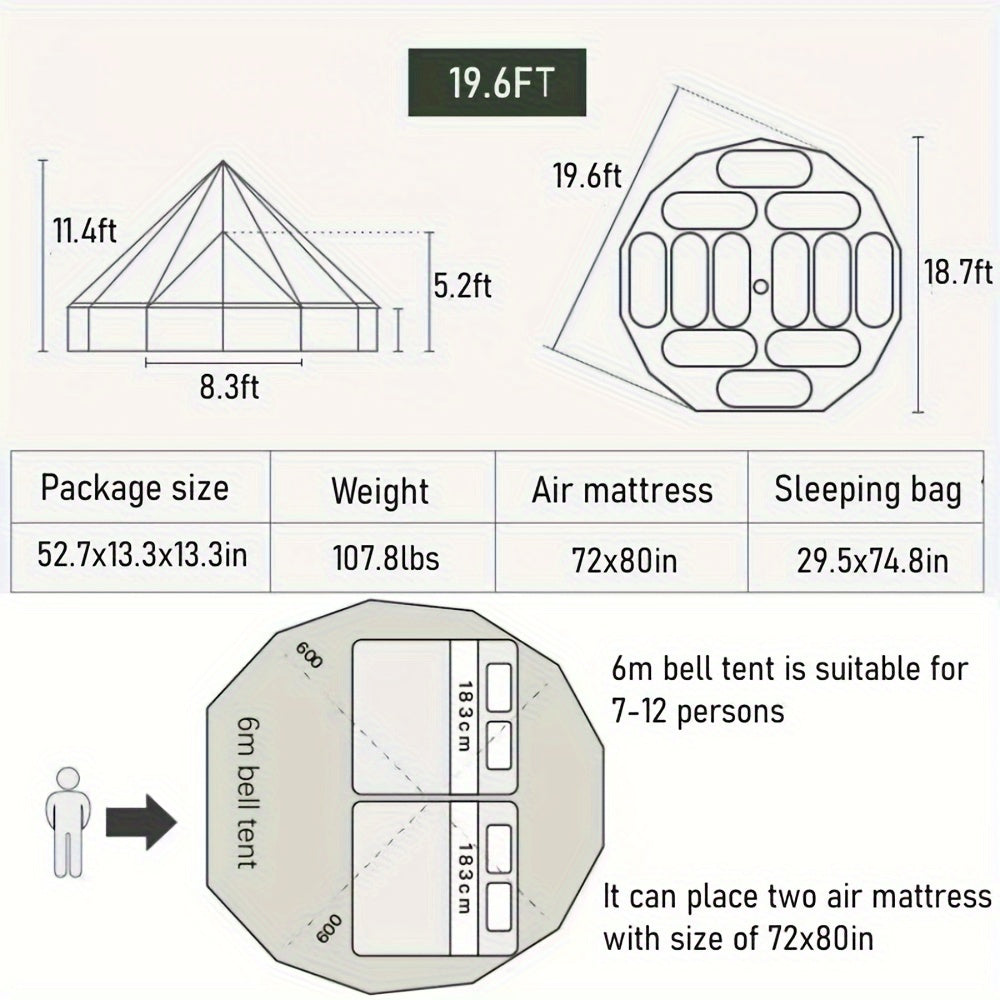 Outdoor Waterproof 19.6FT Oxford Bell Tent, Tent With Zipped In Groundsheet For 8-10 Persons