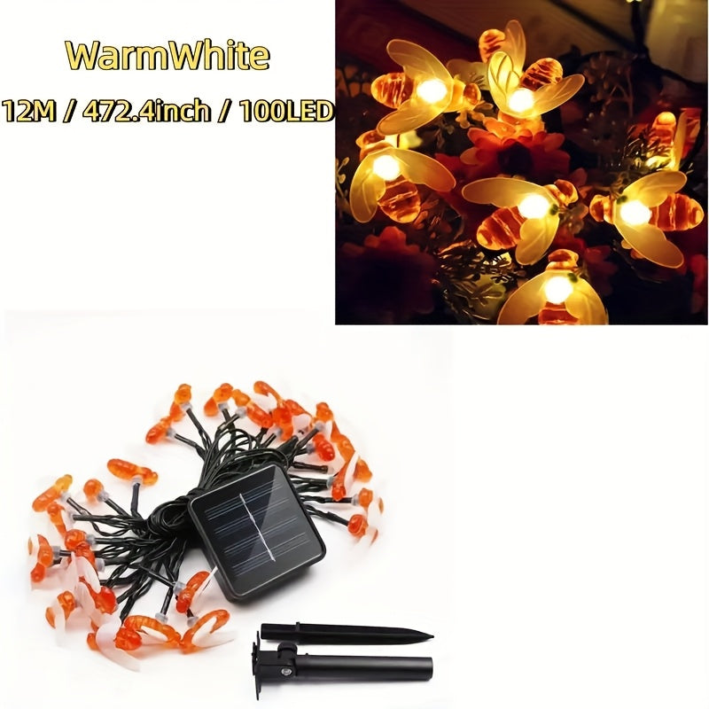 Solar Bee String Lights 100 LED Solar Bee String Lights | Warm White, 8 Lighting Modes, Rechargeable - For Deck, Patio, Garden, Wedding, Halloween, Christmas Party Decoration, Hanging Solar Lights
