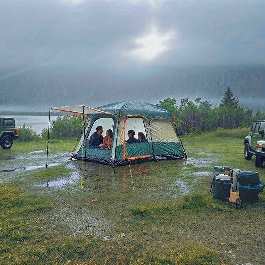 Family Log Cabin Tent, 2 Room Structure, 3 Doors and 3 Mesh Windows, Upright Wall Design with High Quality Feature for Outdoor, Picnic, Camping & Family Gatherings Large Size