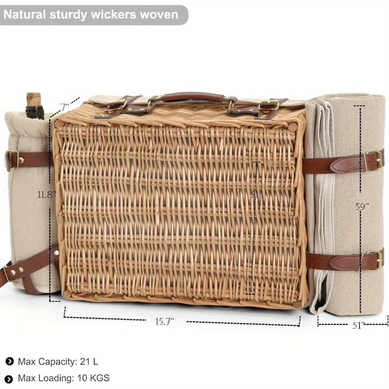 Multifunctional Wicker Picnic Basket Set 2 with Blanket and Picnic Table, Insulated Picnic Set with Full Tablewares Camping Outdoor Couples, Natural