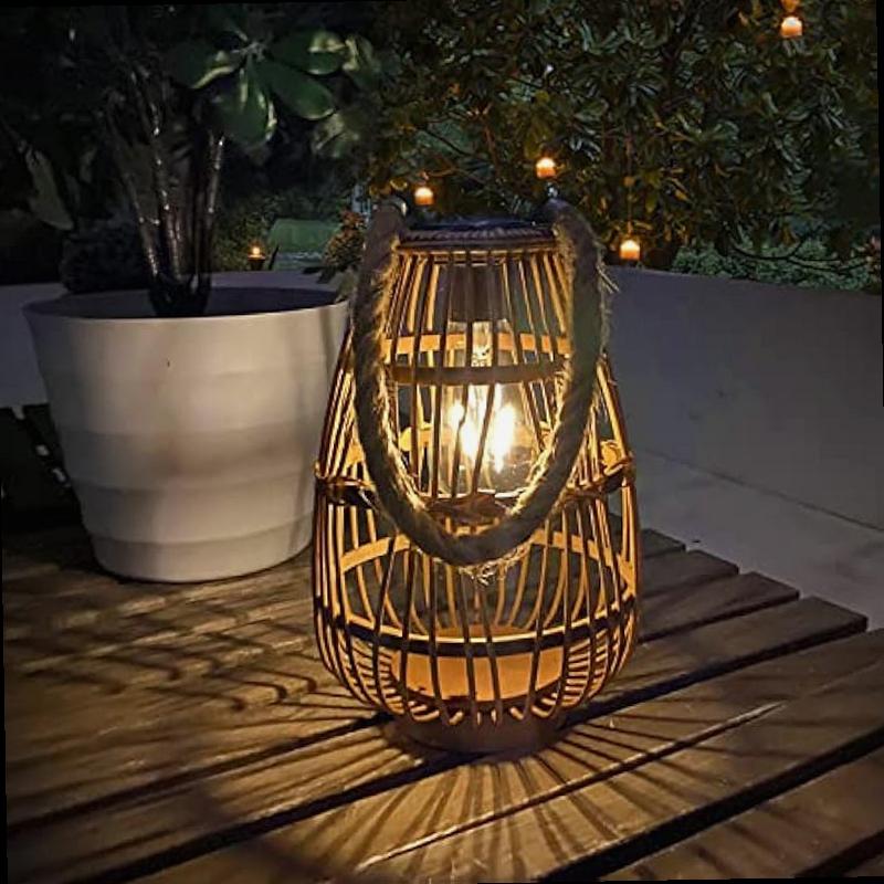 Solar Lantern Outdoor Waterproof Large Rattan Lanterns Decorative Bright Boho Lanterns Lights with Handle Rustic Hanging or Table Lamp for Fence Porch Garden Yard Wedding Decoration Size 7 4 10 6