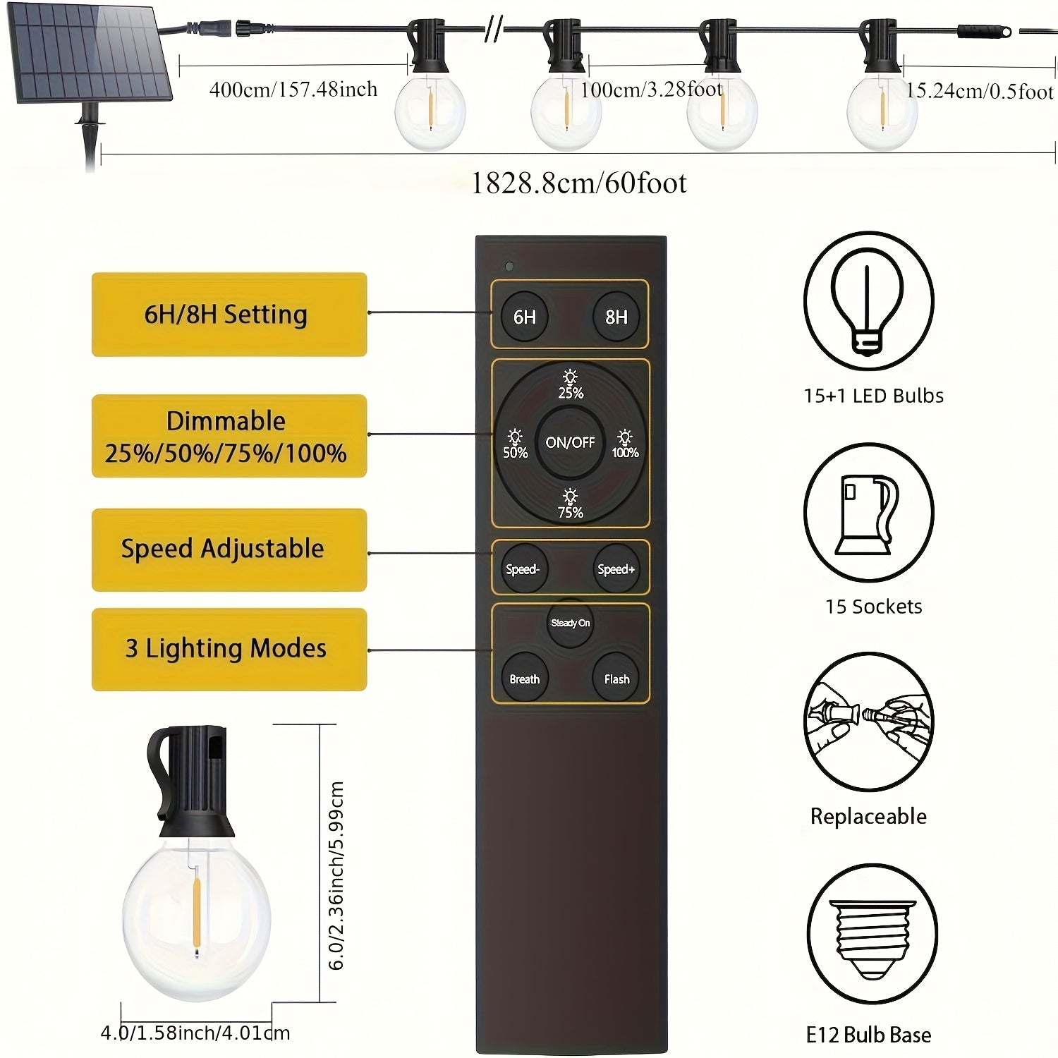 60FT\u002F120FT Solar String Lights Outdoor with Remote, Dimmable Solar String Lights, G40 LED Patio Lights String Solar Powered, Hanging Lights for Yard Decor, Halloween, Christmas Decoration, for Business.