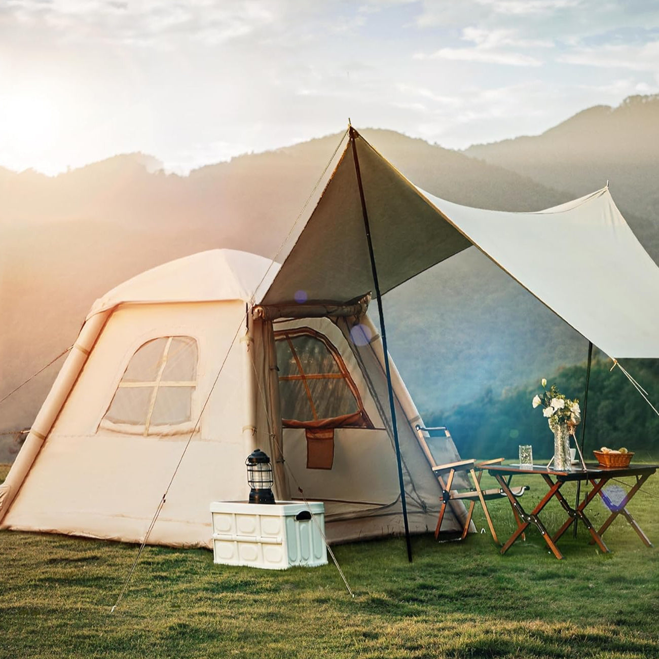 OYEROL Inflatable Camping Tent OYEROL 2-4 Person Inflatable Camping Tent | Oxford Portable Free-Standing Family Cabin Tent with Pump & Extended Canopy, Easy Set-Up for Hiking