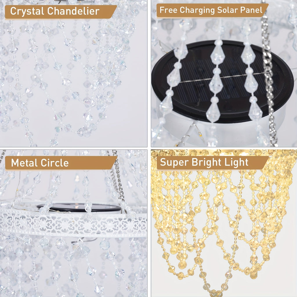 Solar Hanging Crystal Chandelier Outdoor Garden Decorative Lights Powerful Lithium Battery 54 Warm White LEDs Waterproof Hanging Lantern For Garden, Yard, Patio, Gazebo, Party, Wedding