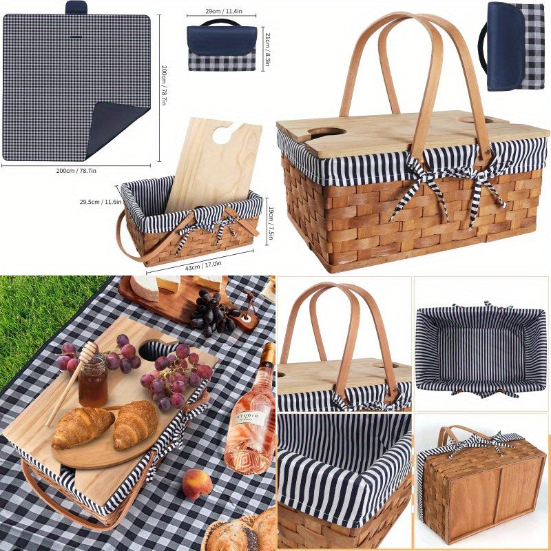 Handcrafted Picnic Basket Made of Wood Chips, Designed for Four People, Featuring Sturdy Woven Construction, Double Swing Handles, And a Spacious Picnic Mat. Ideal for Outdoor Gatherings, Camping, Or As a Wedding Gift for Couples.