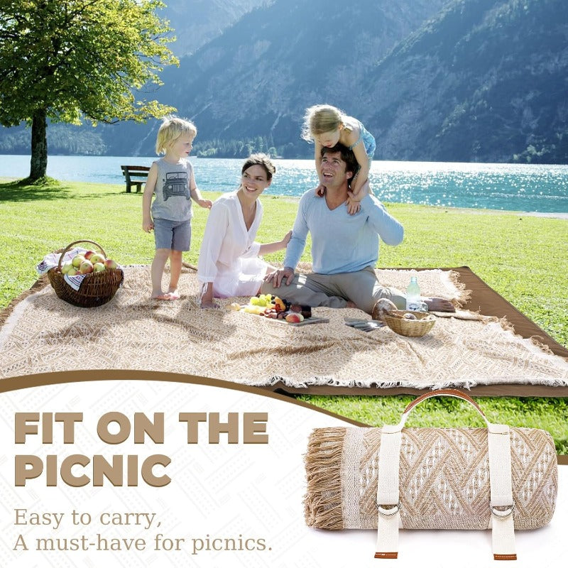 2 in 1 Extra Large Outdoor Picnic Blanket Waterproof Woven Boho Mat Giant Beach Towel Travel Essential Yoga Accessories Park Patio Lawn Garden Grass Ground Music Festival Concert Must Have