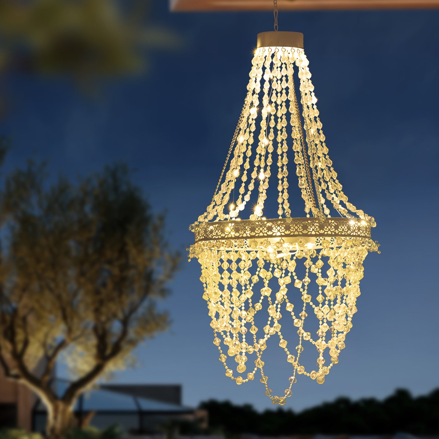 Solar Hanging Crystal Chandelier Outdoor Garden Decorative Lights Powerful Lithium Battery 54 Warm White LEDs Waterproof Hanging Lantern For Garden, Yard, Patio, Gazebo, Party, Wedding