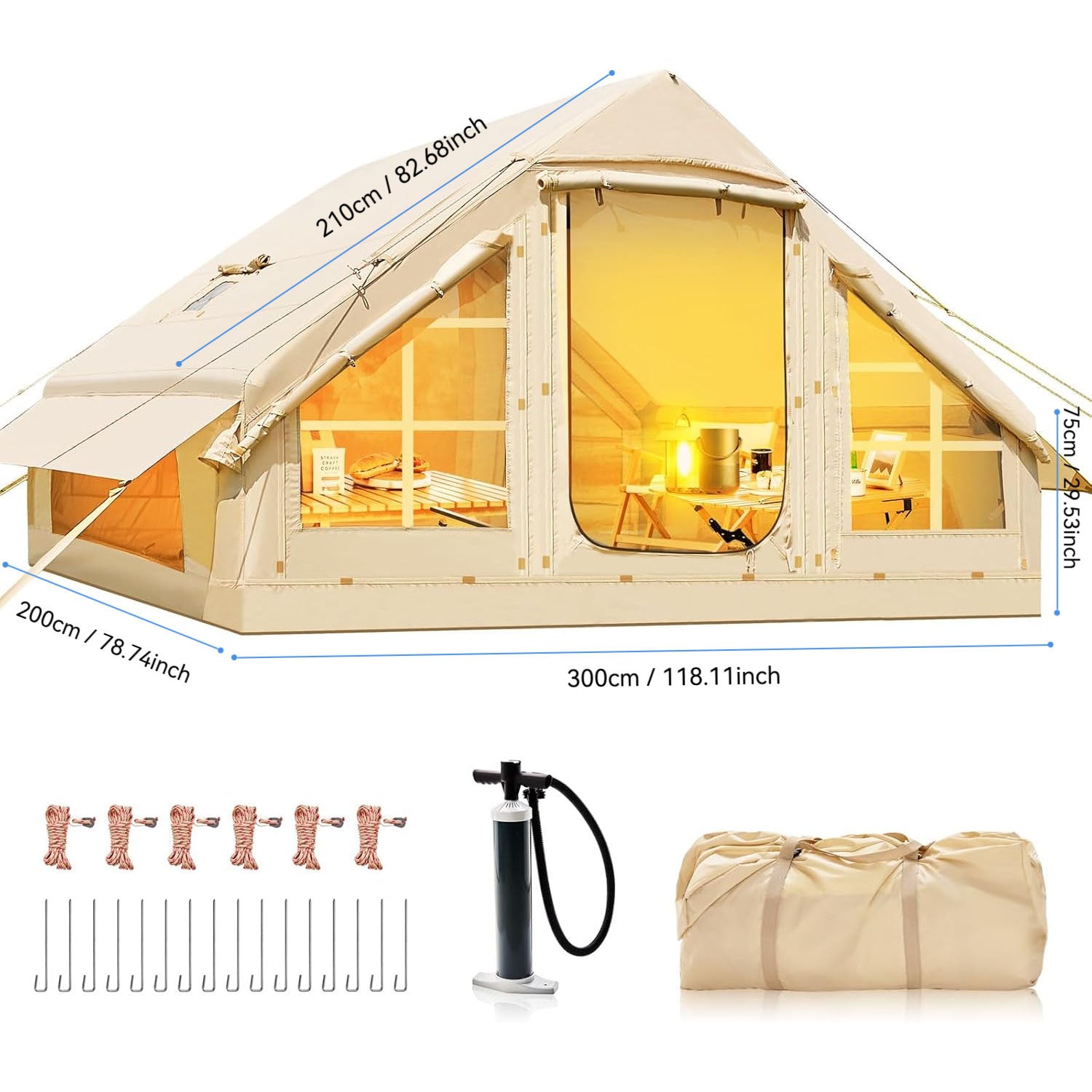 House To Live In .Inflatable Camping Tents With Hand Pump, Air Glamping Tents, Easy Setup WaterprootAnd Windproof Blow Up Tent, 4 Seasons Oxford Cabin Tent With Mesh & ChimneyWindow.