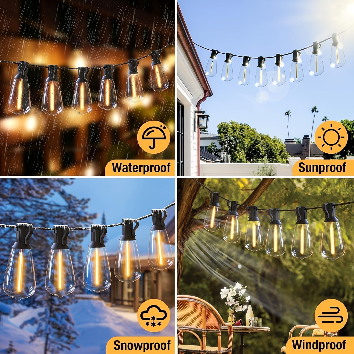 50\u002F 100 Ft Solar Outdoor String Light, Usb-Rechargeable Patio Rope Light, 2700K Warm White, Weather Resistant Material, 12+1\u002F 24+1 Breakproof ST38 E12 Bulb for Patio, Backyard, Porch, Outdoor Pool