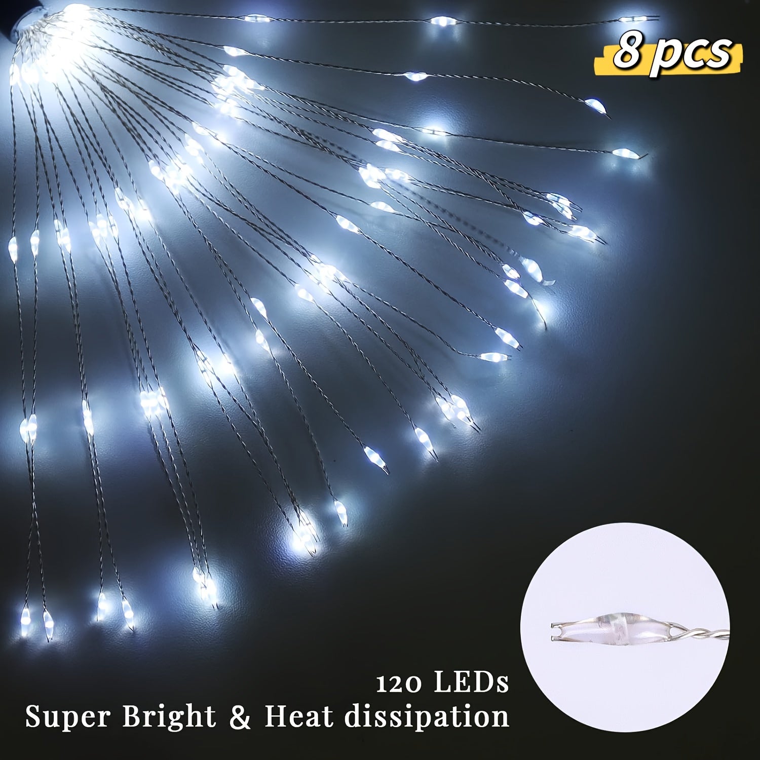 120 LED Solar Fireworks Lights, Starburst Fairy Lights with 8 Lighting Modes, IP4X, Solar Powered Pathway Lights for Patio, Yard, Christmas Holiday Decor, Plastic & Copper Material, No Feather, 800Mah Lithium Battery