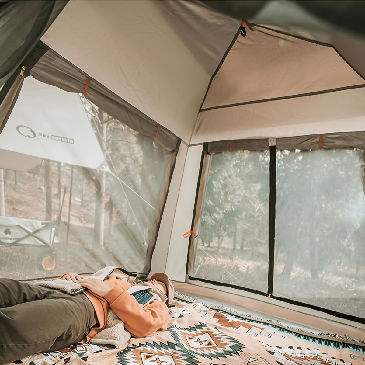 1pc Quick Setup Camping Tent, 4 Ventilated Windows, 240x240cm, Square Shape, Polyester Fabric, Fiberglass Frame, Basic Waterproof, Dual-layer Mesh Door, Outdoor Shelter for Adults and Kids