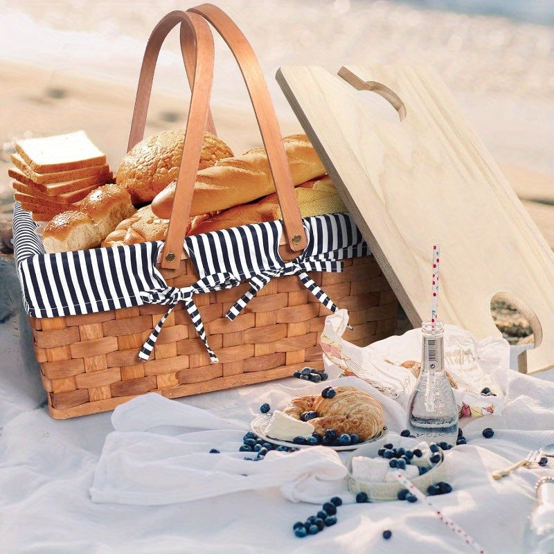 Handcrafted Picnic Basket Made of Wood Chips, Designed for Four People, Featuring Sturdy Woven Construction, Double Swing Handles, And a Spacious Picnic Mat. Ideal for Outdoor Gatherings, Camping, Or As a Wedding Gift for Couples.