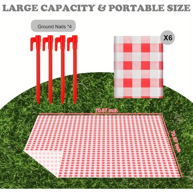 6pcs Disposable Outdoor Picnic Blankets 70.939; 39; x70.939; 39; Thicken Foldable Waterproof Picnic Mats Gingham Oil Proof Camping Blankets with 4 Ground Spikes for Beach Travel Hiking Conrts Grass