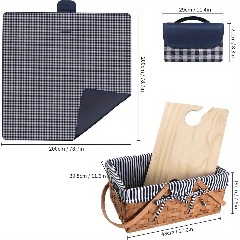 Handcrafted Picnic Basket Made of Wood Chips, Designed for Four People, Featuring Sturdy Woven Construction, Double Swing Handles, And a Spacious Picnic Mat. Ideal for Outdoor Gatherings, Camping, Or As a Wedding Gift for Couples.