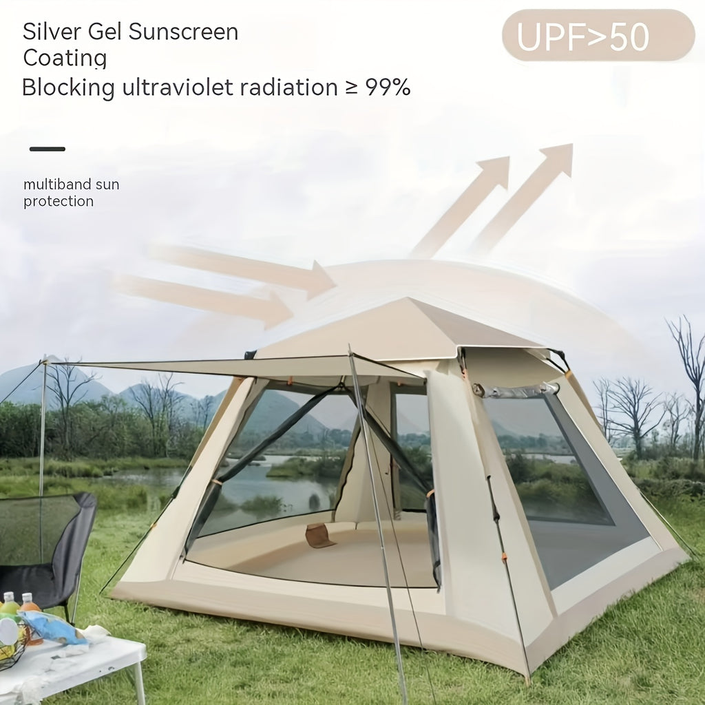 (94.49*94.49*61.02inch)Family Camping Tent With Canopy - Quick Setup, Mosquito Netting, Windproof, All-Season, Beige, UV Protection, Multi-Band Sunshade, Durable Oxford Fabric, Perfect For Outdoor Adventures, Campers Accessories