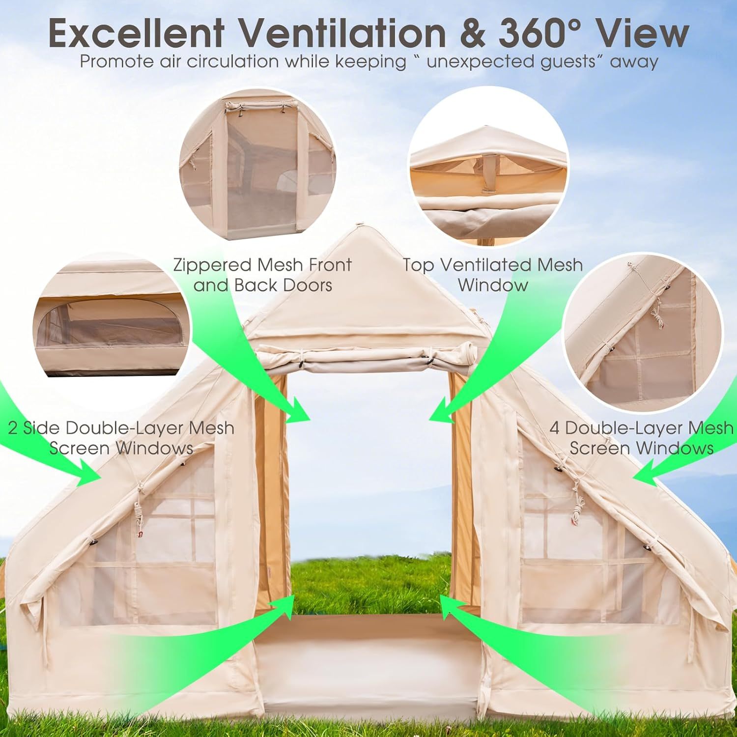 House To Live In .Inflatable Camping Tents With Hand Pump, Air Glamping Tents, Easy Setup WaterprootAnd Windproof Blow Up Tent, 4 Seasons Oxford Cabin Tent With Mesh & ChimneyWindow.