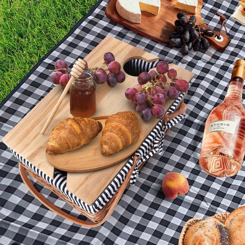 Handcrafted Picnic Basket Made of Wood Chips, Designed for Four People, Featuring Sturdy Woven Construction, Double Swing Handles, And a Spacious Picnic Mat. Ideal for Outdoor Gatherings, Camping, Or As a Wedding Gift for Couples.