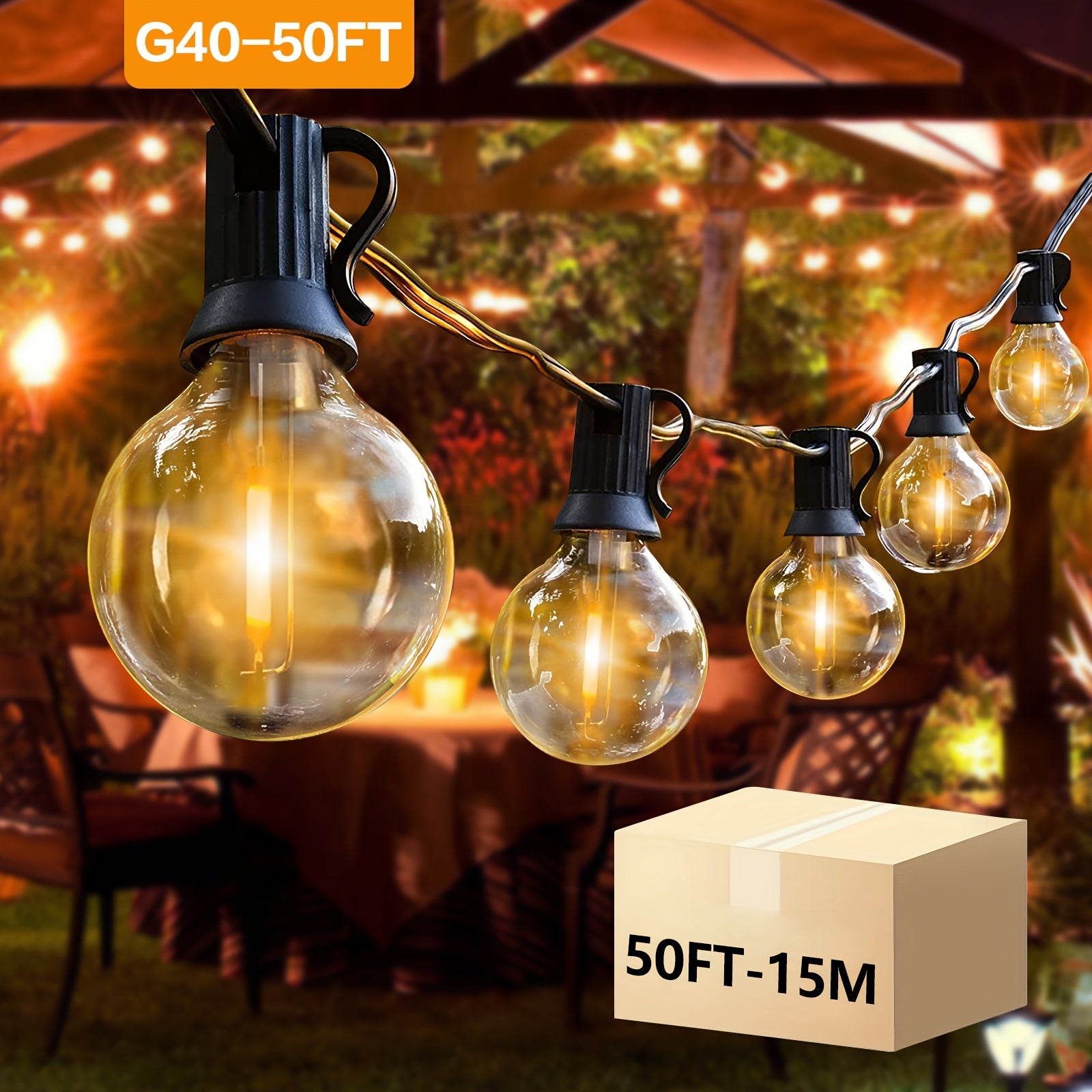 10\u002F25\u002F50\u002F100\u002F200FT 50 G40 Breakproof Bulbs, Outdoor, Retro Ball Hanging Light String, Patio Courtyard Garden Hotel Decorative Lighting, All-weather Use, Commercial Holiday New Year Decorative Lights, Dimmable Plastic Bulb