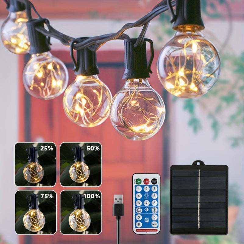 36ft G40 Solar Light String with Remote Control, 8 Lighting Modes, Dimmable, Break-Resistant, IP44 Desktop LED Bulbs, Suitable for Outdoor, Party, Wedding Lighting, Father'S Day Gift