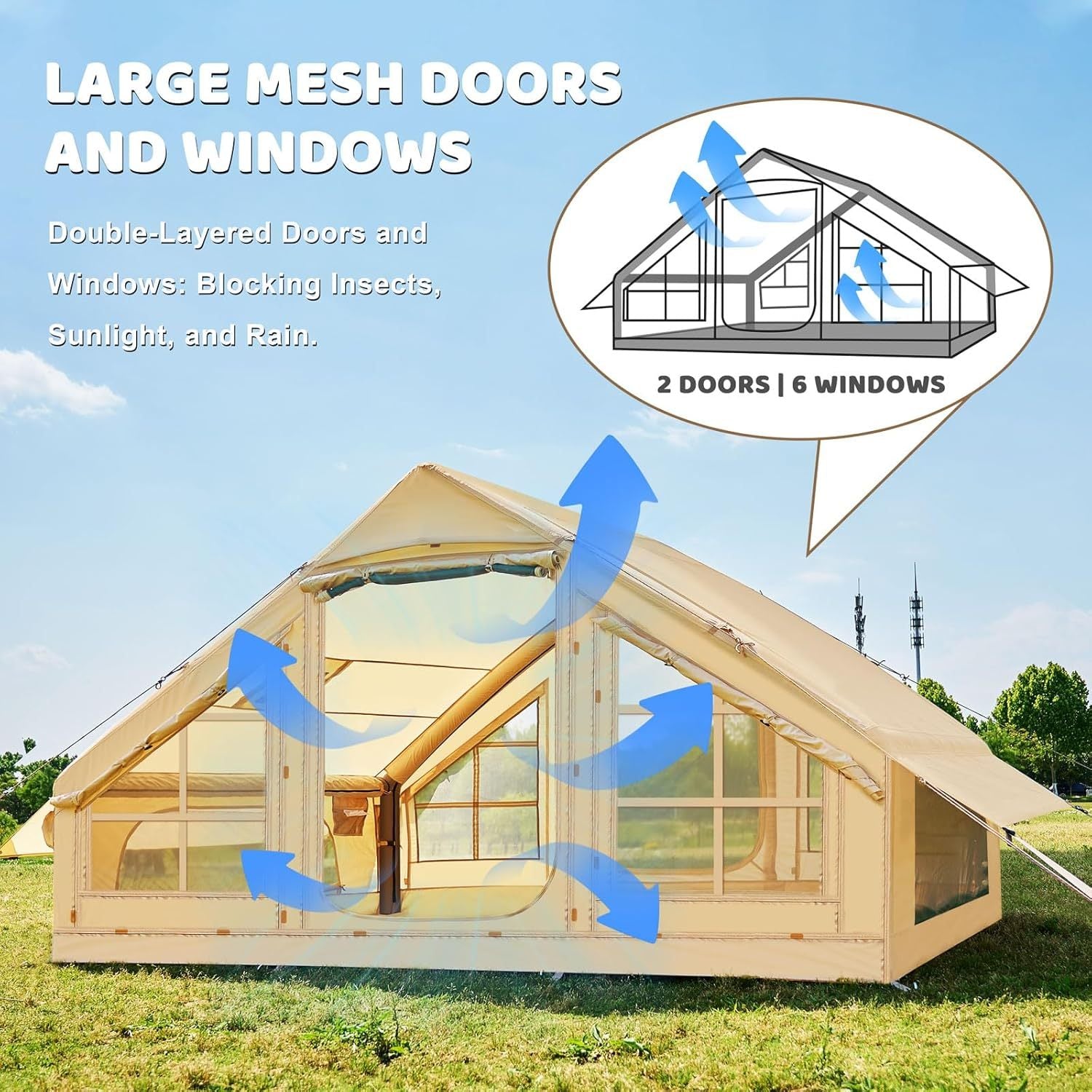 House To Live In .Inflatable Camping Tents With Hand Pump, Air Glamping Tents, Easy Setup WaterprootAnd Windproof Blow Up Tent, 4 Seasons Oxford Cabin Tent With Mesh & ChimneyWindow.