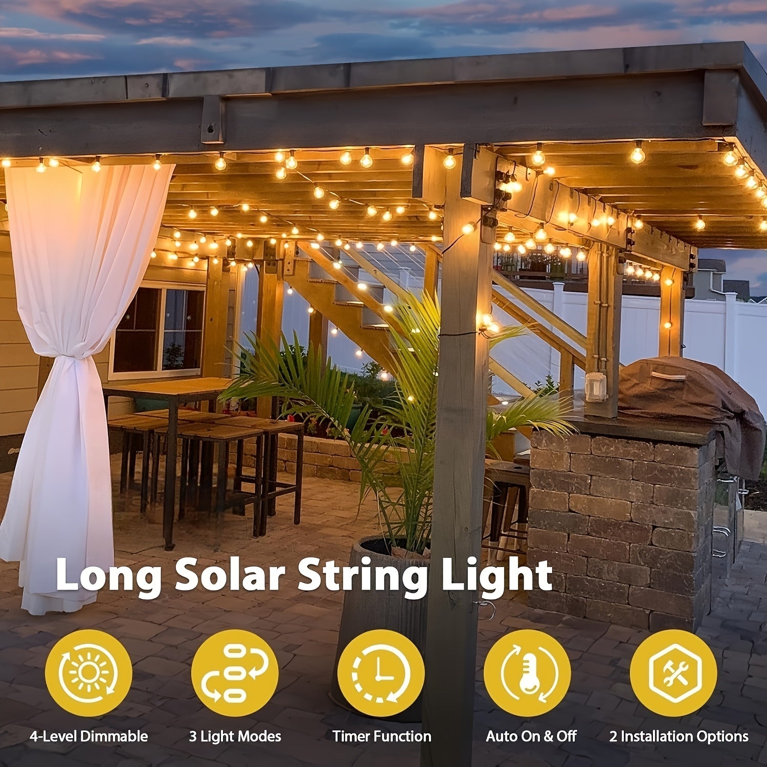 60FT\u002F120FT Solar String Lights Outdoor with Remote, Dimmable Solar String Lights, G40 LED Patio Lights String Solar Powered, Hanging Lights for Yard Decor, Halloween, Christmas Decoration, for Business.