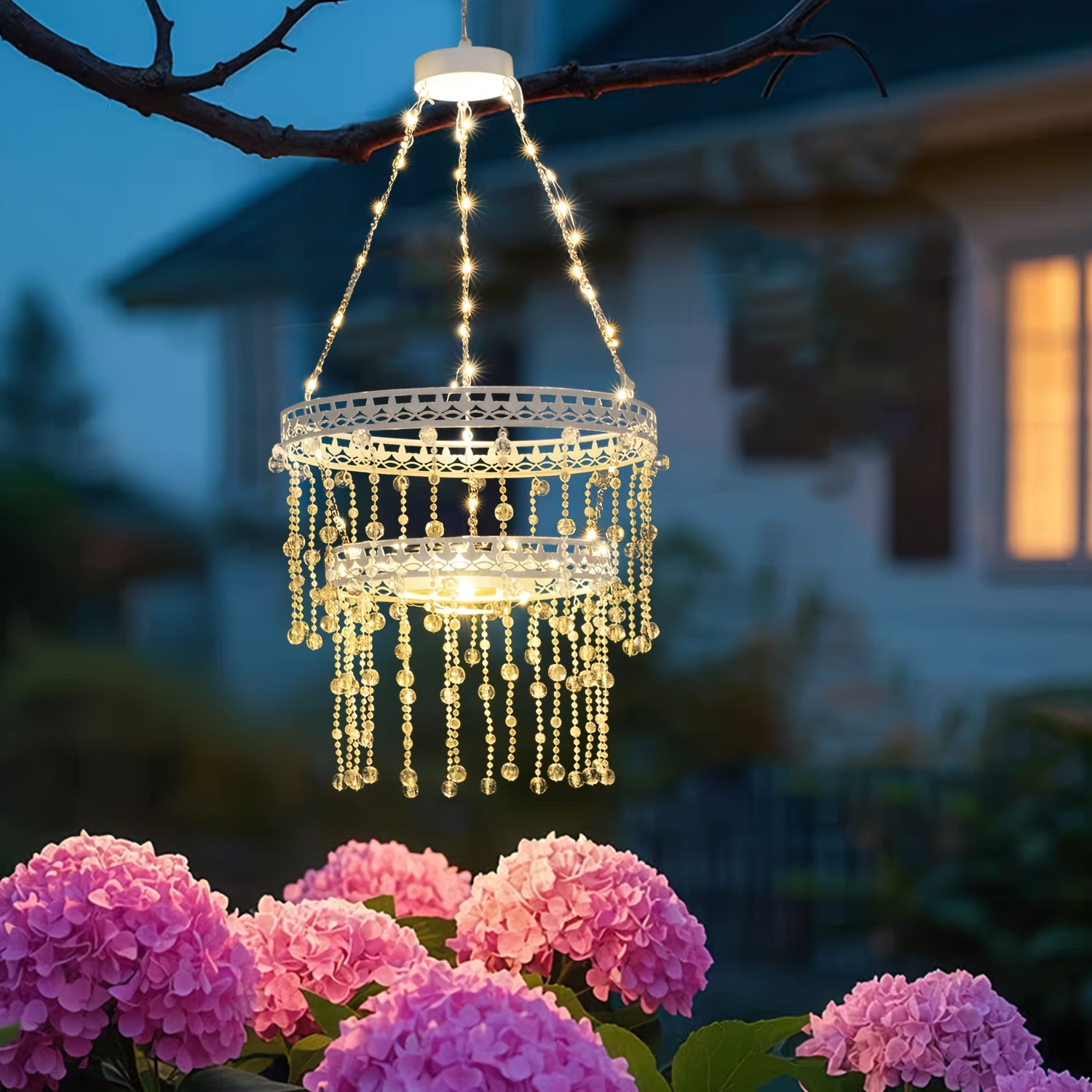 Solar Hanging Crystal Chandelier Outdoor Garden Decorative Lights Powerful Lithium Battery 54 Warm White LEDs Waterproof Hanging Lantern For Garden, Yard, Patio, Gazebo, Party, Wedding