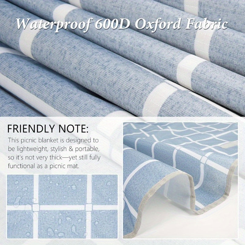 Large 80x80 Waterproof Foldable Picnic Blanket - Lightweight Portable Outdoor Beach Mat with Checkered Blue & White Design, Durable for Camping, Travel, Hiking, Family Picnics, Travel Mat, Checkered Pattern, Sturdy Construction