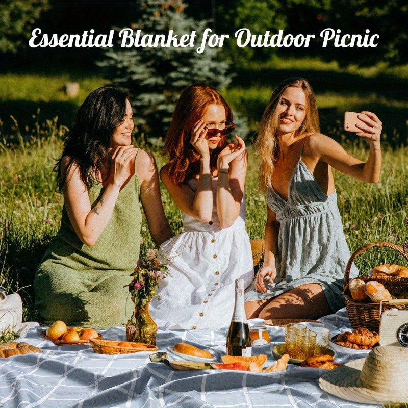 Large 80x80 Waterproof Foldable Picnic Blanket - Lightweight Portable Outdoor Beach Mat with Checkered Blue & White Design, Durable for Camping, Travel, Hiking, Family Picnics, Travel Mat, Checkered Pattern, Sturdy Construction