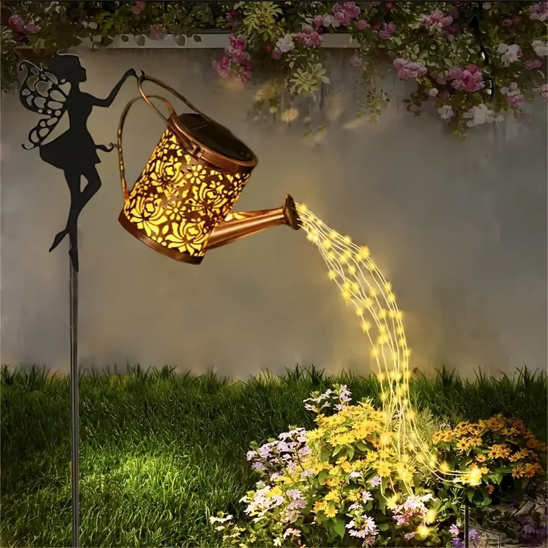 2\u002F 1pc Solar Fairy Waterfall Light - Metal Kettle Garden Decor with LED Streaming, Perfect for Yard, Lawn And Outdoor Solar Pile Lights, IP65 Waterproof, Yard Access Lawn Decor Lighting