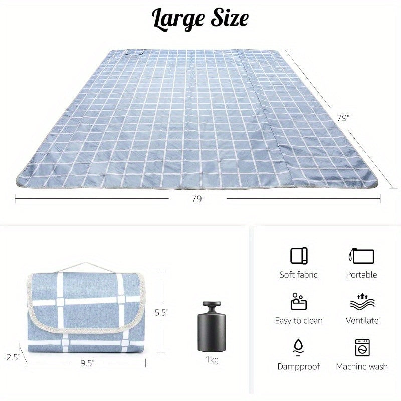 Large 80x80 Waterproof Foldable Picnic Blanket - Lightweight Portable Outdoor Beach Mat with Checkered Blue & White Design, Durable for Camping, Travel, Hiking, Family Picnics, Travel Mat, Checkered Pattern, Sturdy Construction