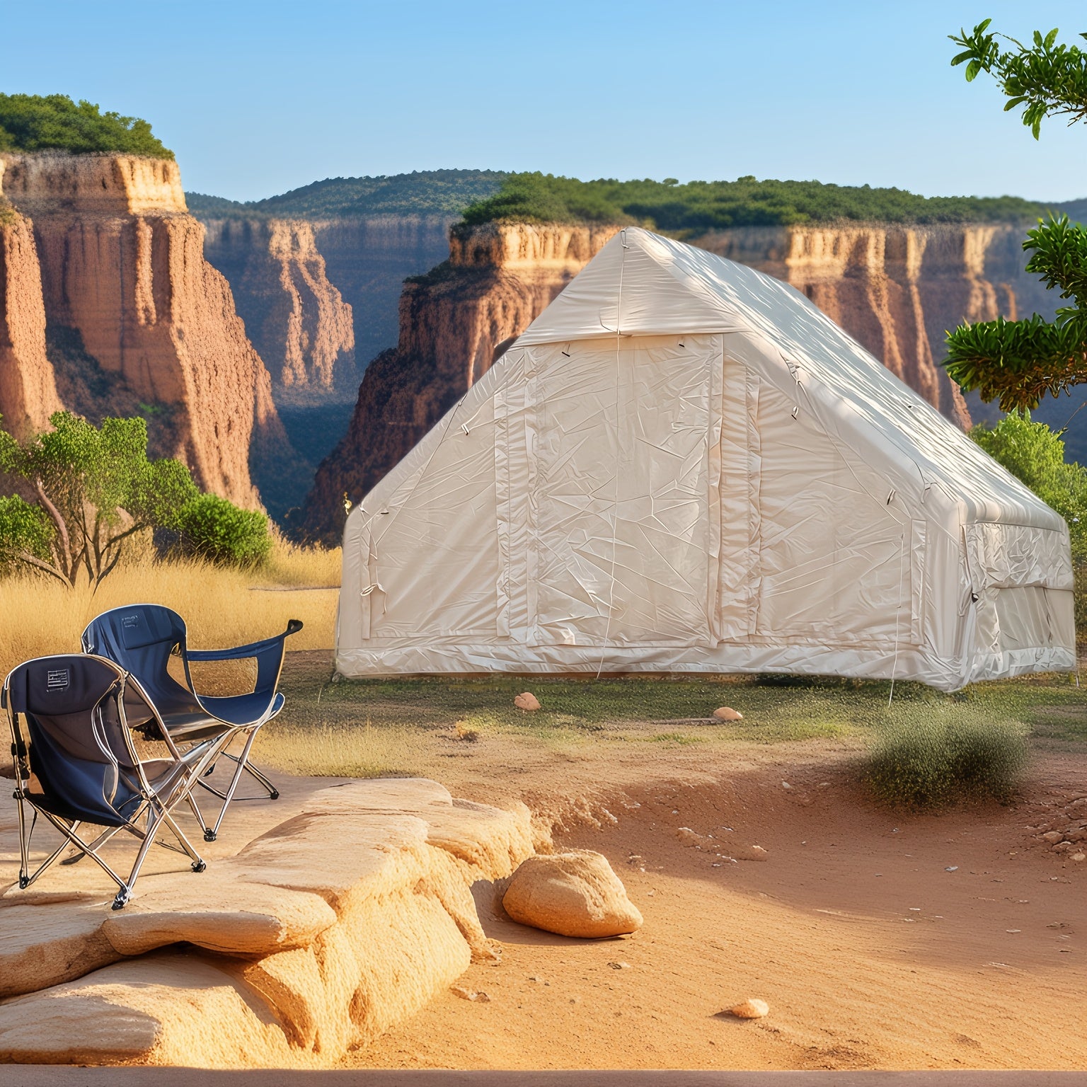 Inflatable Camping Tent with Manual Pump, Easy to Set Up, Waterproof Oxford Air Tent, 4-6 Person Luxury Camping Tent with Mesh and Chimney Window