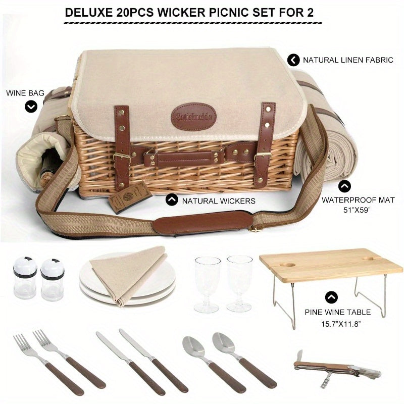 Multifunctional Wicker Picnic Basket Set 2 with Blanket and Picnic Table, Insulated Picnic Set with Full Tablewares Camping Outdoor Couples, Natural